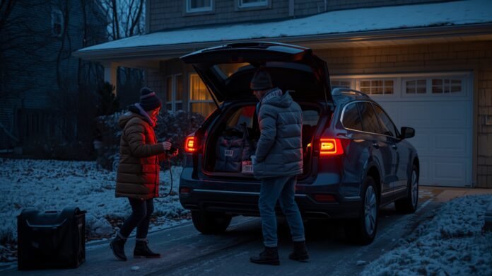 Family loading emergency bags into a car at dusk outside a home during a winter power outage.