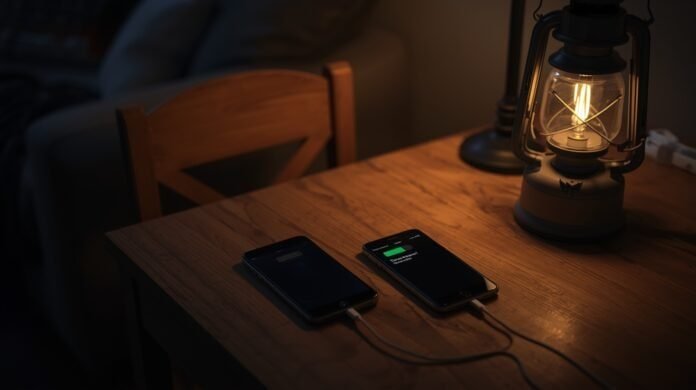 Smartphones charging from a power bank on a table during a nighttime power outage.