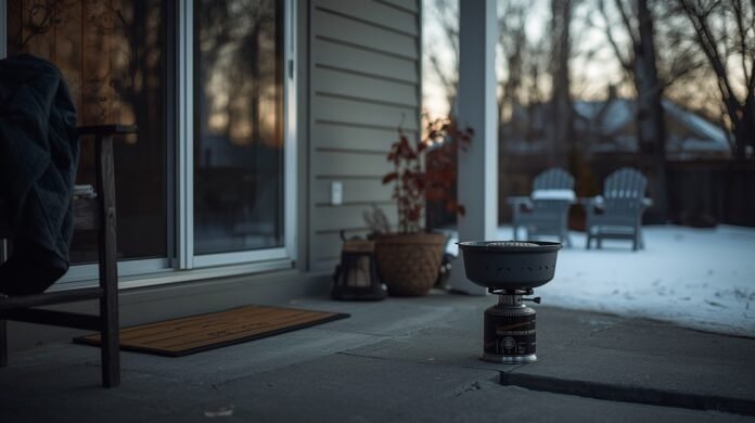 Portable camping stove set up outdoors on a patio during a winter power outage.