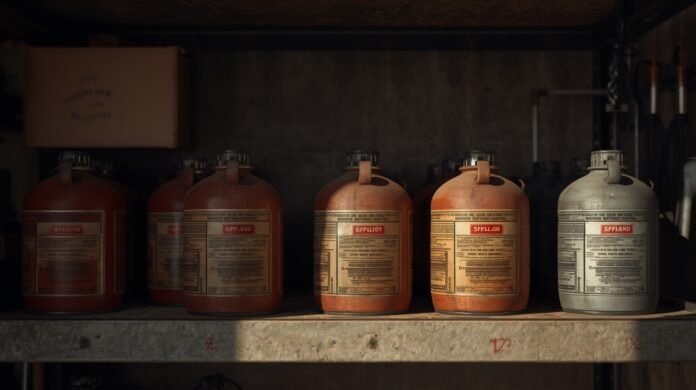 Unbranded fuel containers stored safely on a garage shelf away from heaters and flames.