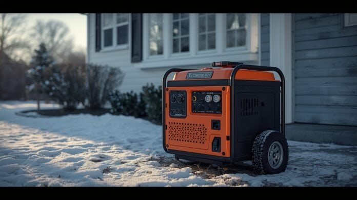 Portable generator positioned outdoors at a safe distance from a home during winter conditions.
