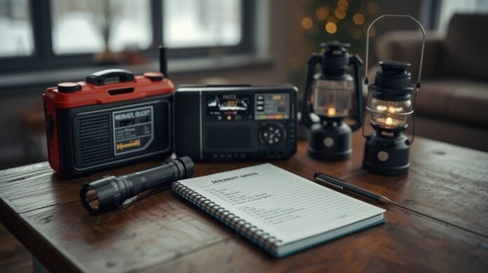 Emergency preparedness checklist on a table with flashlight, radio, and notebook during winter outage.