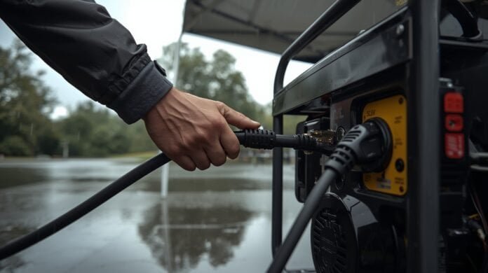 Hands connecting a heavy-duty outdoor extension cord to a portable generator under an open-sided canopy during rainy weather.