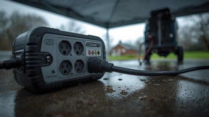 Outdoor-rated surge protector power strip plugged into a generator extension cord connection under an open-sided canopy outdoors.