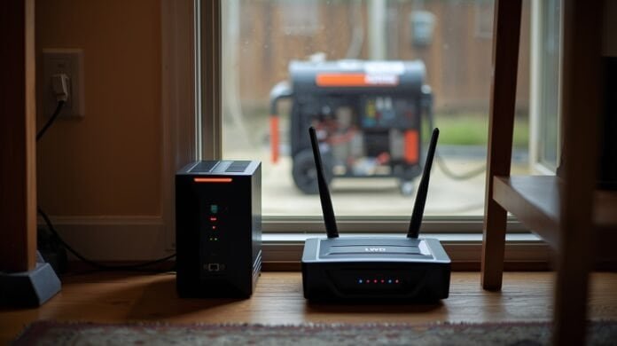 A UPS battery backup powering a home Wi‑Fi router and modem during a power outage, with a generator visible outside through a window.