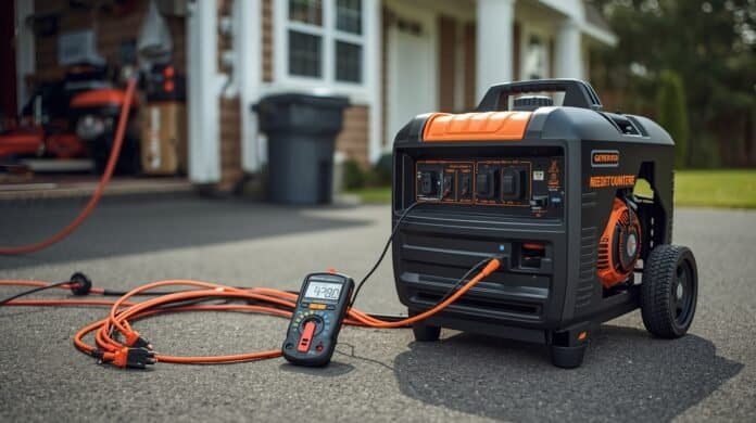 Portable generator powering household devices through heavy-duty extension cords while a digital voltage meter is visible nearby outdoors.