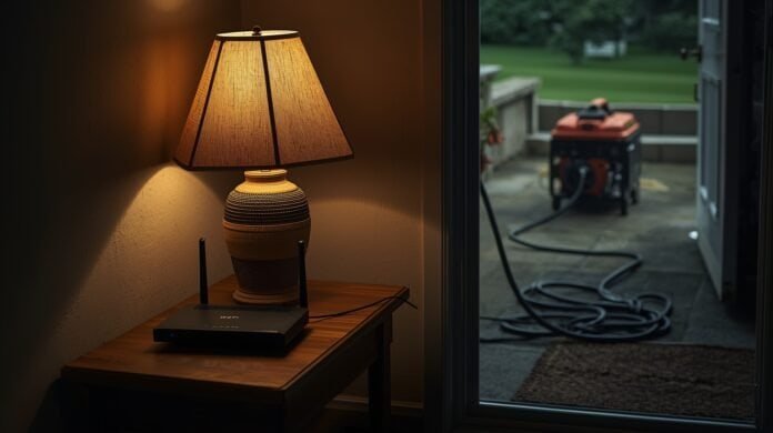 Wi-Fi router and lamp flickering indoors while connected to a home generator through heavy-duty extension cords.