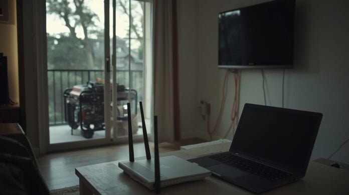 Home router, laptop, and television powered carefully during a generator outage with minimal connected devices and organized cords.