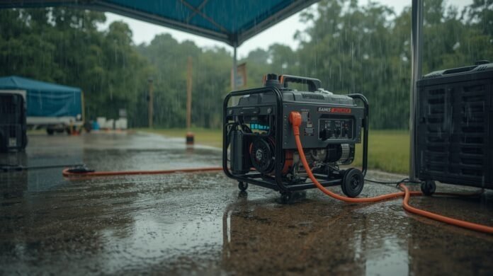 Portable generator operating outdoors under cover during rain with wet extension cord connection points kept elevated off the ground.