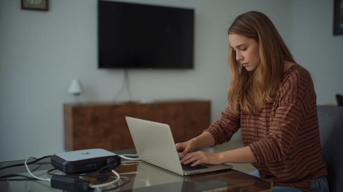 Homeowner reviewing generator-powered electronics setup during an outage, with router, laptop, and television connected safely while generator remains outdoors at a proper distance.