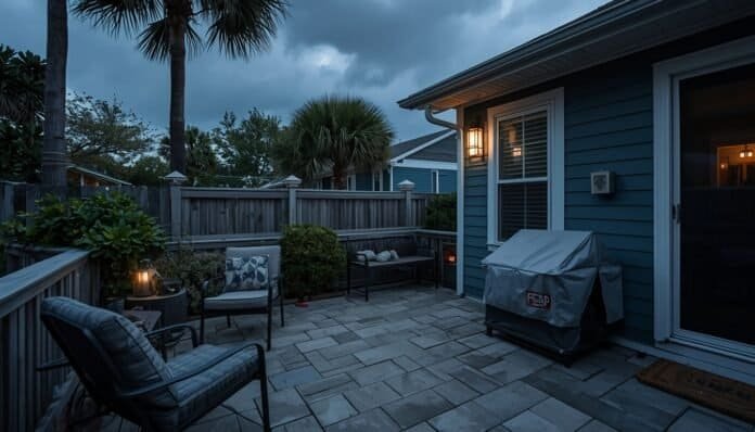 Homeowners securing outdoor items and checking backup power supplies before a hurricane-related power outage.