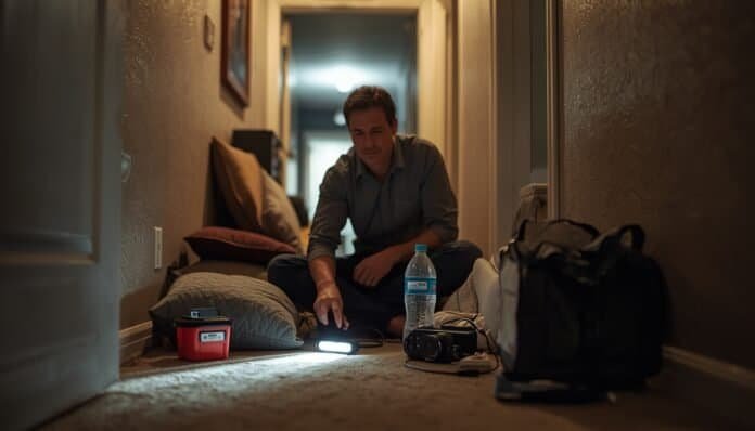 Homeowners preparing an interior safe room with flashlights, water, and emergency supplies before severe tornado weather.