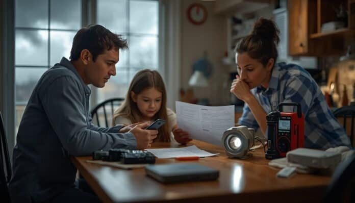 Family reviewing severe weather alerts and an emergency contact plan at home before a storm.