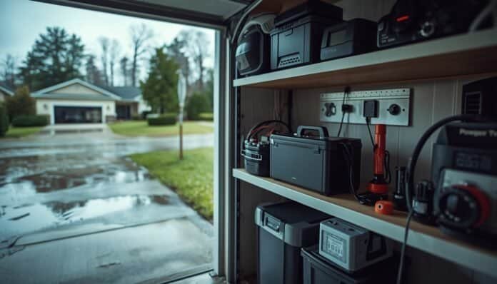 Homeowner moving electrical equipment and emergency supplies higher before expected flooding near a home.
