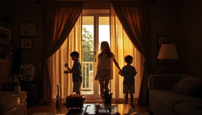 Family using blackout curtains, water, and battery-powered fans during a heat wave power outage at home.