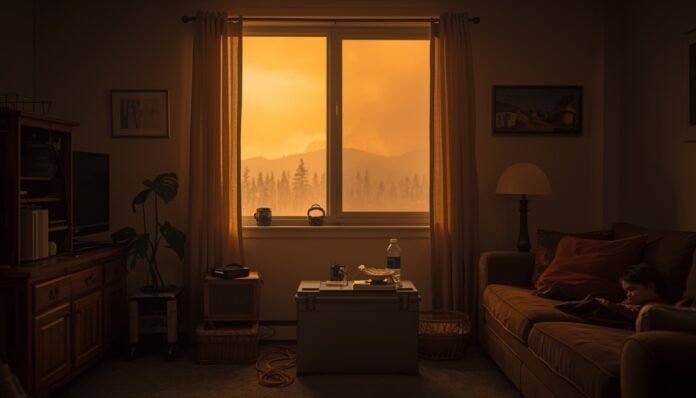 Family managing indoor air quality during wildfire smoke and a power outage with a sealed room, water, and backup battery equipment.