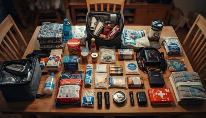 Organized 72-hour emergency kit for a home power outage with water, flashlights, batteries, food, and charging supplies.