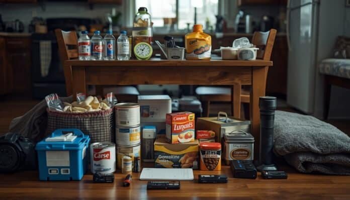 Organized household supplies for a seven-day power outage including water, food, lights, battery charging, and cooling items.