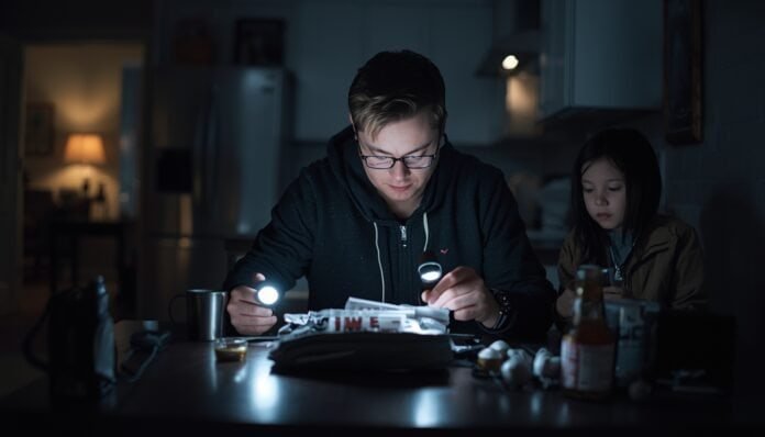 Household using flashlights, checking phones, and organizing supplies during the first hours of a home power outage.