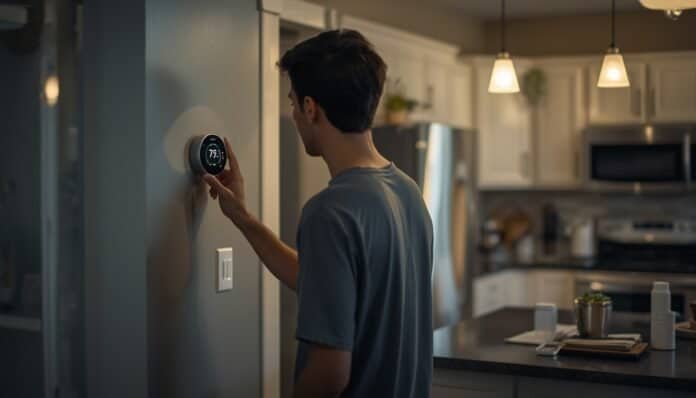 Homeowner restarting household systems after a power outage by checking appliances, thermostat, and electronics in an organized way.