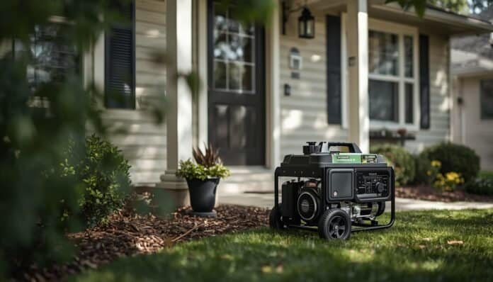 Portable generator operating outdoors at a safe distance from a house with windows and doors closed.