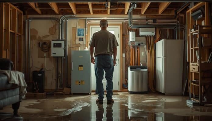 Homeowner inspecting a storm-damaged utility area from a safe distance after water exposure near electrical equipment.
