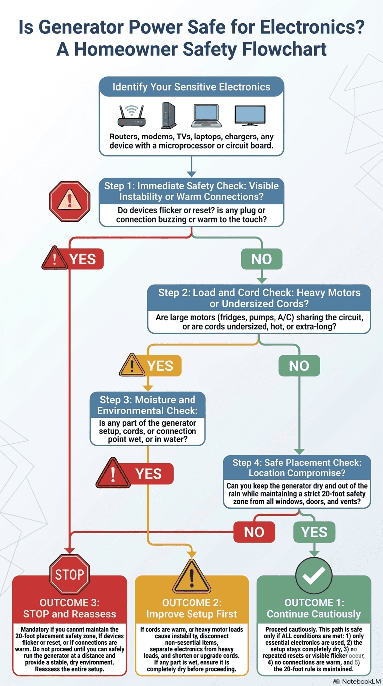 Visual flowchart showing whether generator power is safe for electronics based on flicker, warm connections, heavy motor loads, wet conditions, and safe generator placement.