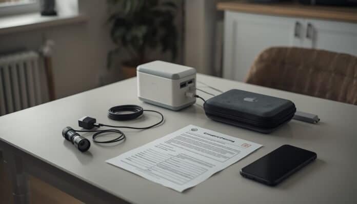 Household organizing backup batteries, charging cords, and medical-device power planning supplies for a home outage.