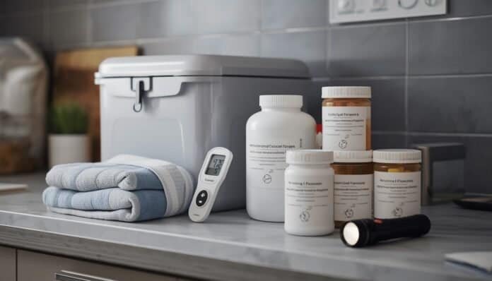 Household organizing refrigerated medication storage supplies with an insulated cooler, thermometer, cold packs, and emergency medication notes.