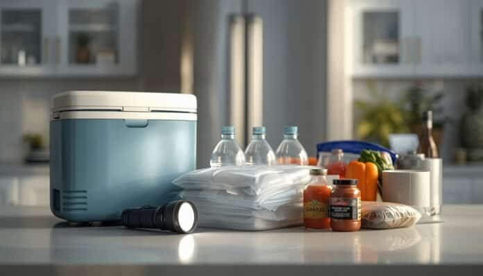 Household preparing food safety supplies with an insulated cooler, frozen water bottles, thermometer, flashlight, and refrigerator outage checklist.