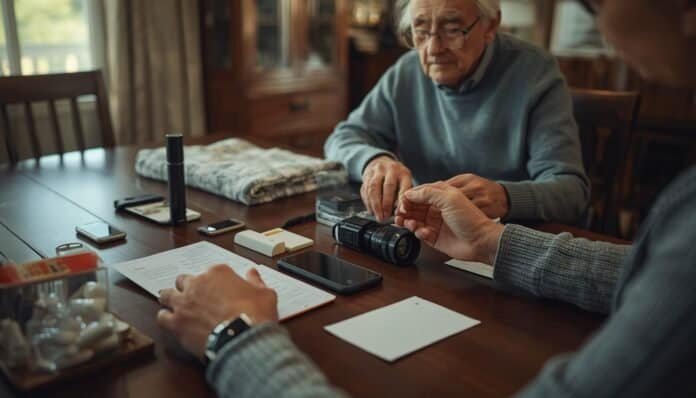 Older adult and family member organizing emergency supplies, backup chargers, medications, and mobility items for a home power outage plan.