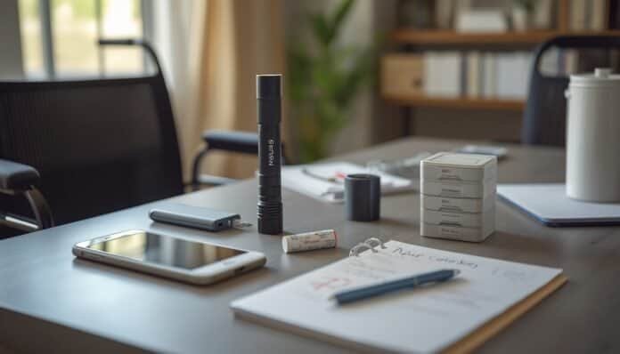Household organizing accessibility-focused power outage supplies with mobility aid, backup charger, flashlight, and emergency contact notes.