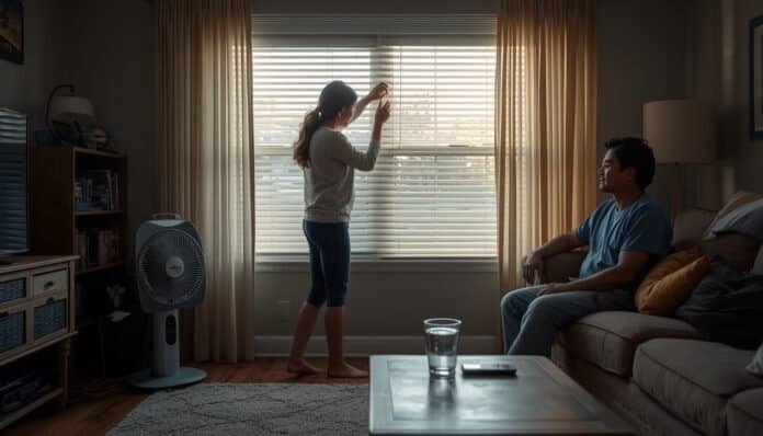 Family using shaded windows, a battery fan, and cool drinking water to stay safer during a summer power outage without air conditioning.