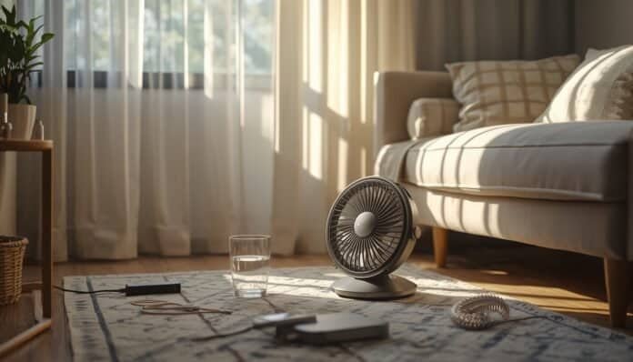 Battery-powered fan running in a shaded living room during a summer power outage with backup charging supplies nearby.