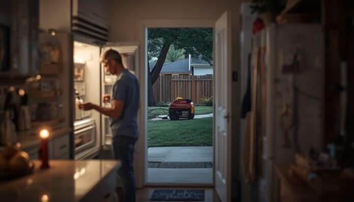 Homeowner checking a refrigerator thermometer indoors while a generator is safely positioned outdoors during a power outage plan.