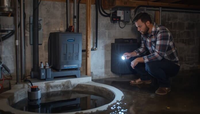 Homeowner checking a basement sump pump backup battery and water alarm before a storm-related power outage.