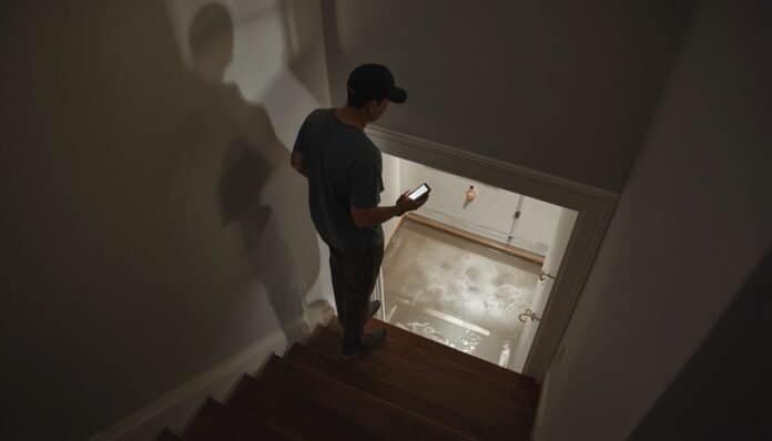 Homeowner standing safely at the top of basement stairs with a flashlight while checking shallow basement water during a power outage.