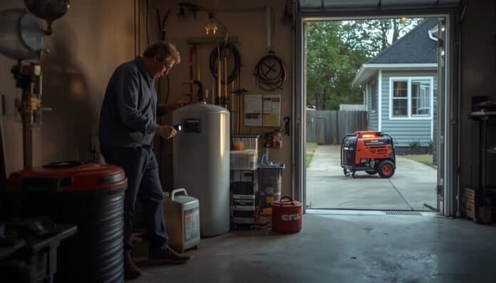 Homeowner checking a well pressure tank and stored emergency water containers before a storm-related power outage.