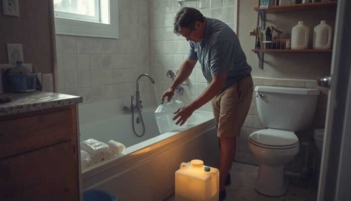 Household filling water containers in a bathroom before a storm outage while keeping toilet and sanitation supplies ready.