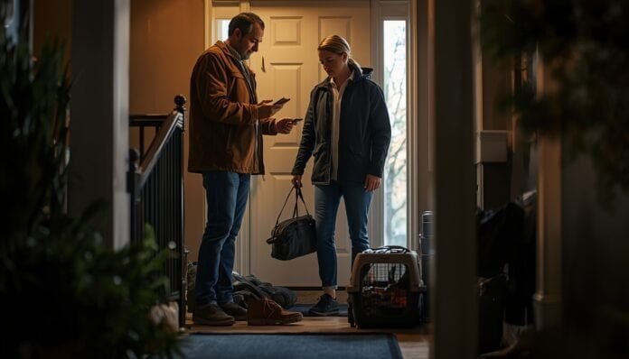 Family calmly preparing to leave home during a prolonged power outage with go-bags, phone, flashlight, and pet carrier near the front door.