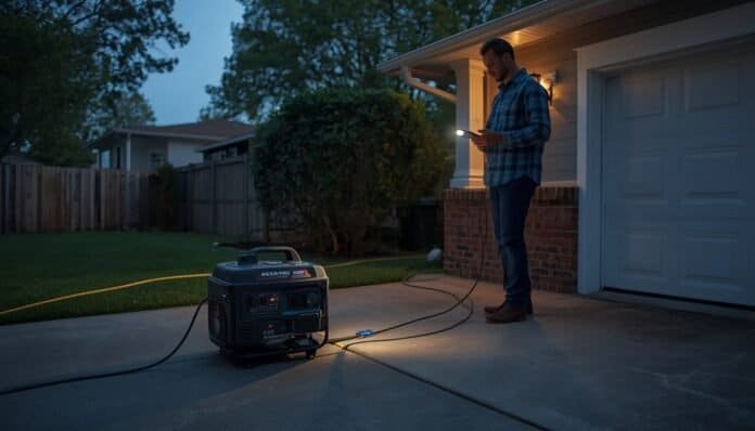 Homeowner reviewing a portable generator from a safe distance outdoors with cords, flashlight, and checklist during outage troubleshooting.