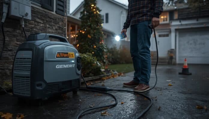 Homeowner safely shutting down a portable generator outdoors after noticing a warning sign during an outage.