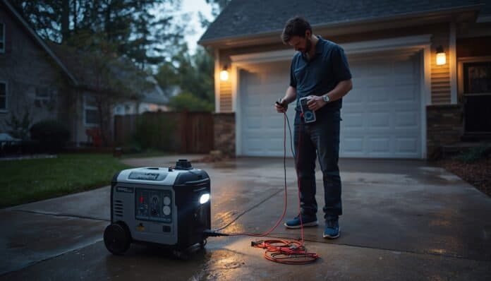 Homeowner safely checking generator voltage behavior with a multimeter nearby while the generator remains outdoors during outage troubleshooting.