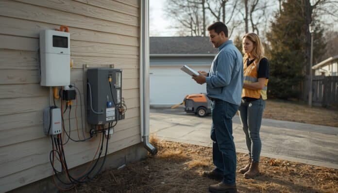 Electrician and homeowner reviewing a generator inlet and transfer switch setup with a portable generator safely outdoors.