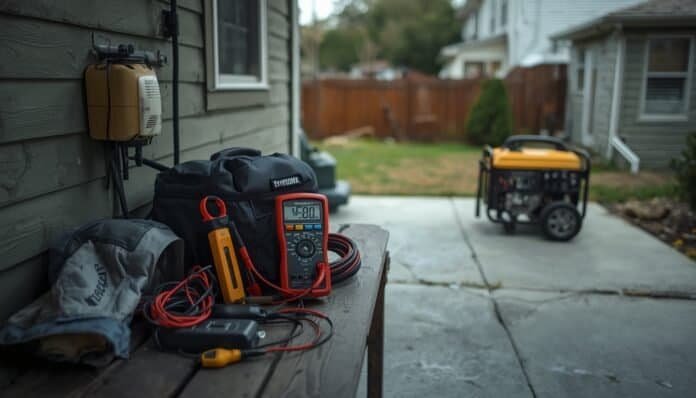 Generator troubleshooting tools organized on an outdoor utility shelf with a portable generator safely positioned away from the home.