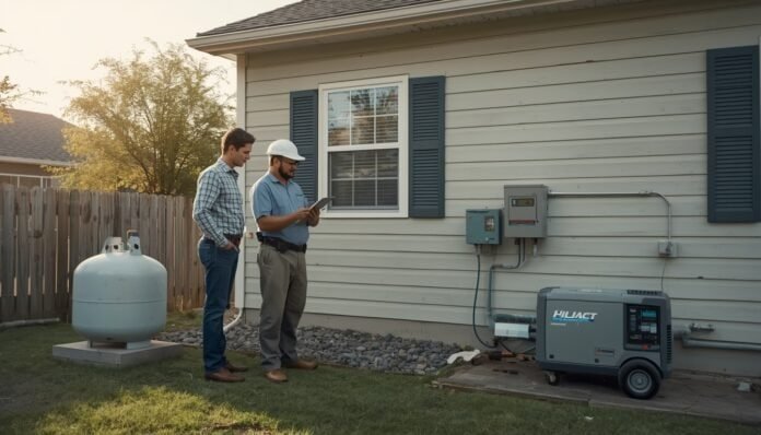 Homeowner and fuel technician reviewing propane tank and natural gas generator options outdoors before storm season.