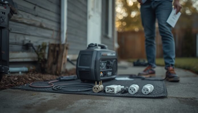 Homeowner reviewing generator outlet types and matching cords outdoors before connecting loads during an outage.
