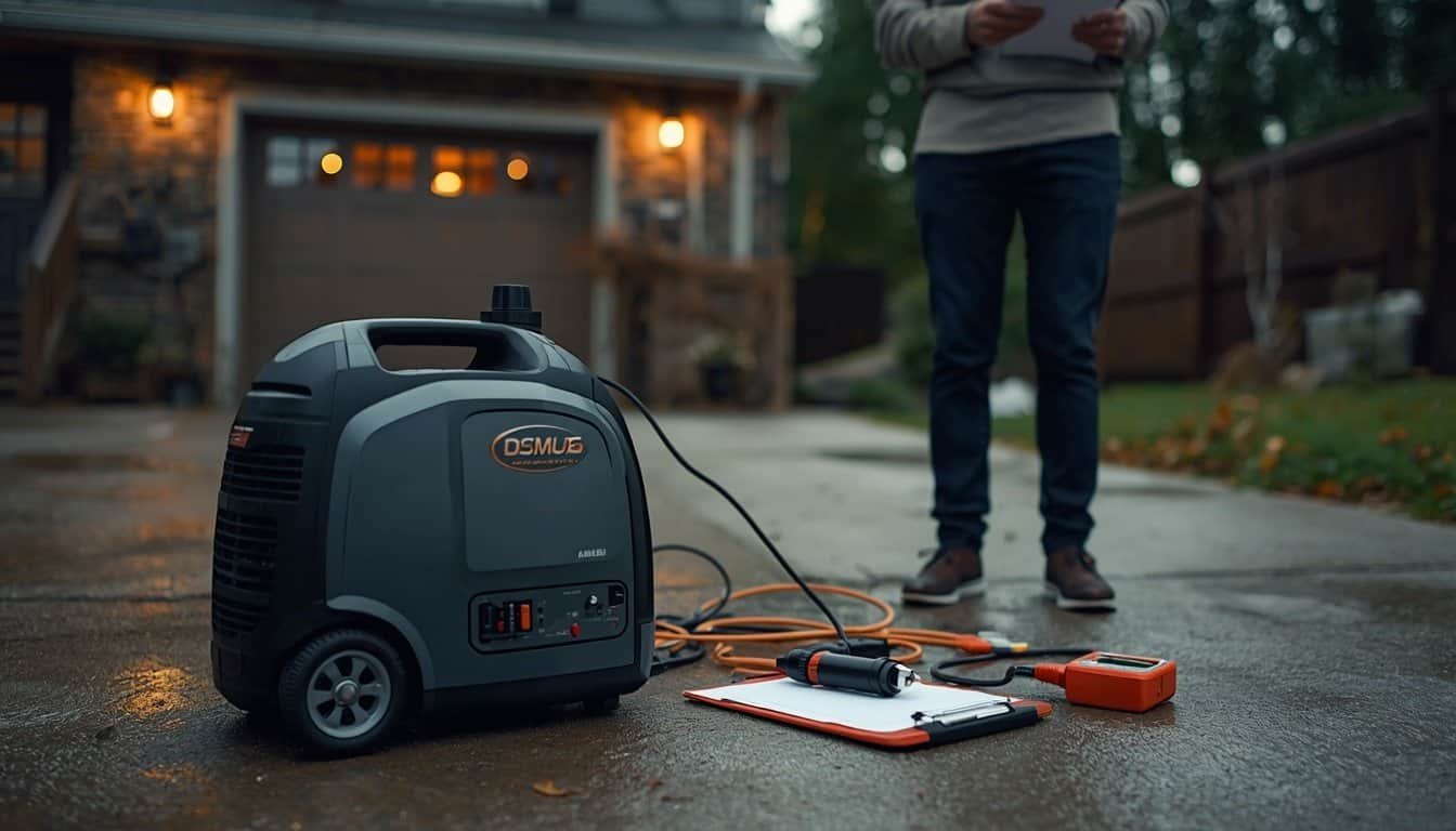 Homeowner reviewing generator troubleshooting notes with cords and safety tools while a portable generator sits safely outdoors.