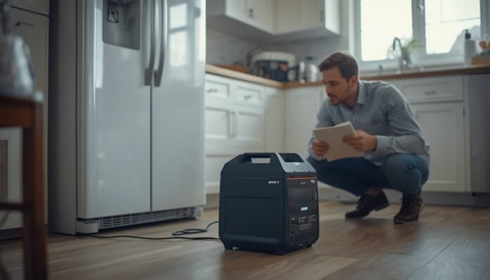 Portable power station beside a closed refrigerator during a home outage while a homeowner checks the backup-power setup.