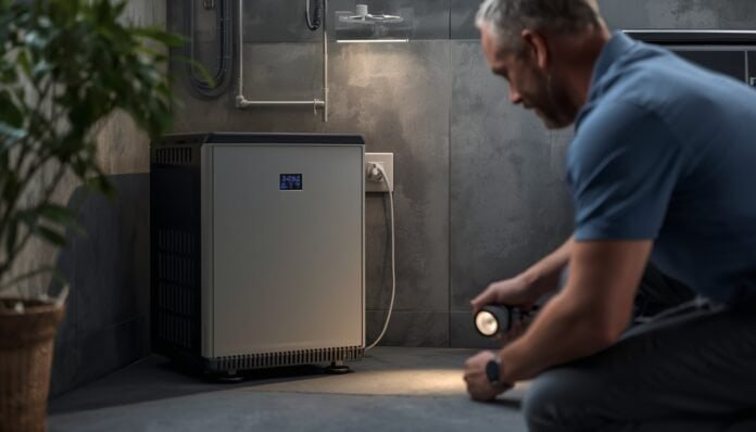 Homeowner checking a battery inverter during a power outage after hearing an alarm while nonessential loads are disconnected.